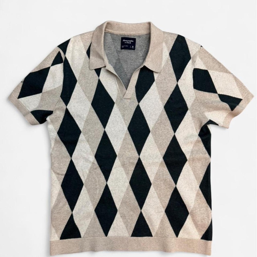 Abercrombie & Fitch cream tan green argyle polo shirt Size M
